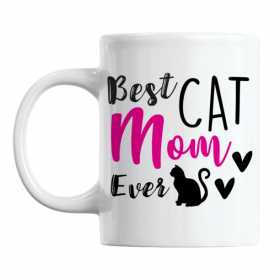 Cana alba din ceramica, cu mesaj, pentru iubitoarele de pisici, Best cat mom ever, 330 ml